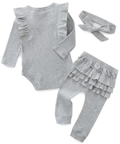 Newborn Infant Baby Girl Fall Winter Clothes Long Sleeve Onesie Clothing Pant Set Outfits Gifts 0-3 months Grey - Image 2
