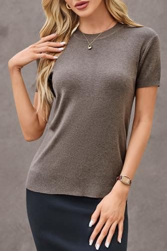 Arach&Cloz Womens Summer Fall Fashion Tops Work Formal Teacher 2025 Short Sleeve Sweaters Blouses Dressy Casual Cloth Business Outfits Black White Spring Linen Plus Size Halloween Winter (Coffee,L) - Image 6