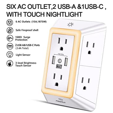 POWRUI Multi Plug 6 Outlet Surge Protector Extender with 3 USB Ports (1 USB C) and Night Light, 3-Sided Power Strip with Adapter Spaced Outlets, ETL Listed, White - Image 2
