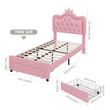 Keyluv Twin Upholstered LED Bed Frame with Storage Drawer, Leather Princess Platform Bed with Adjustable Crystal Button Tufted Crown Headboard, Solid Wooden Slats Support, No Box Spring Needed, Pink - Image 2