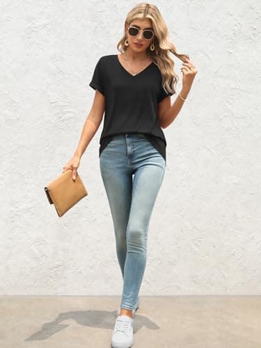 ATHMILE Black T Shirts for Women Short Sleeve V Neck Basic Tees Tunic Tops Loose Fit Casual Summer Outfits Clothes 2025 Beach - Image 3
