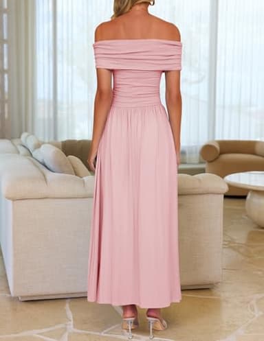 ZESICA Women's Off The Shoulder Maxi Dress 2025 Summer Sleeveless Casual Slim Swing Pleated Formal Party Dresses,Pink,Small - Image 4