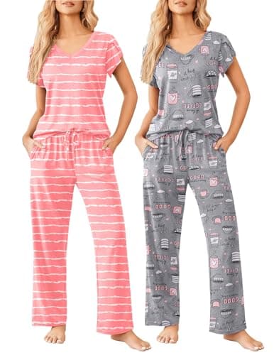 Ekouaer 2 Pack Womens Pajamas Short Sleeve Sleepwear Top with Pants Super-Soft Printed Lounge Sets S-XXL - Image 1