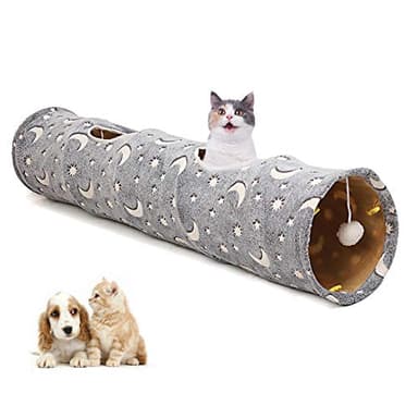 LUCKITTY Cat Tunnel Tube with Plush Ball Toys Collapsible Self-Luminous Photoluminescence, for Small Animals Pets Bunny Rabbits, Kittens, Ferrets,Puppy and Dogs Grey Moon Star - Image 5