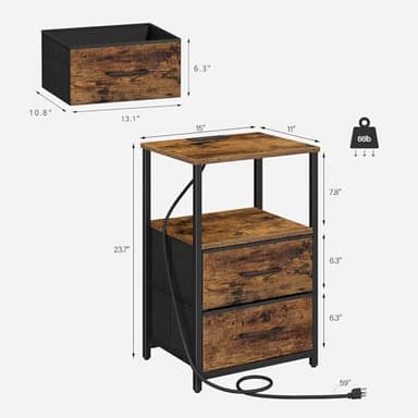 TUTOTAK End Table with Charging Station, Side Table with 2 USB Ports and Outlets, Nightstand with Cloth Drawer, Set of 2, Couch Table, Brown TB01BB052 - Image 3