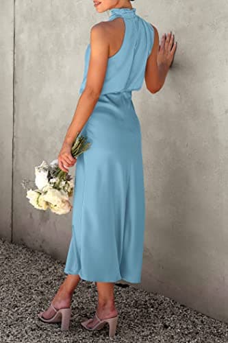 PRETTYGARDEN Women's 2025 Summer Satin Dress Elegant Sleeveless Mock Neck Cocktail Party Maxi Dresses (Light Blue,Large) - Image 3