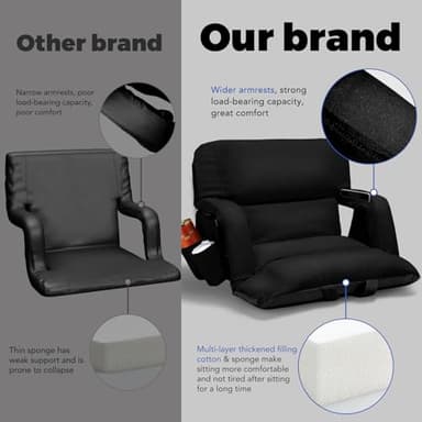Extra Wide Stadium Seats With Back Support 2 Pack, Exclusive "Sofa Style" Design Thick Bleacher Chairs With Back and Cushion, 6 Reclining Positions - Ultimate Comfort for Sports Events (Black, 25") - Image 3