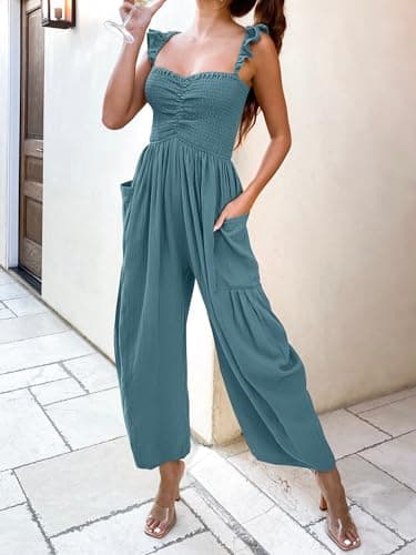 ANRABESS Women Summer Casual Dressy Sleeveless Smocked Wide Leg Linen Jumpsuits Rompers 2025 Trendy Travel Outfit Pocket Gray Blue Medium - Image 5