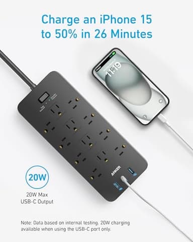 Anker (Pack of 2) Surge Protector Power Strip (2100J), 12 Outlets with 1 USB C and 2 USB Ports for iPhone 15/15 Plus/15 Pro/15 Pro Max, 5feet Extension Cord, Flat Plug, 20W for Home,Office,TUV Listed - Image 7