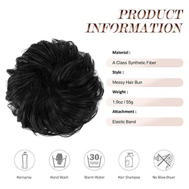 FESHFEN Messy Bun Hair Pieces - Large Wavy Curly Elastic Hair Bun Scrunchies Ponytail Extensions Synthetic Chignon Hairpieces for Women, Natural Black 1.94oz - Image 5