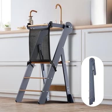 COSYLAND Foldable Toddler Standing Tower - Adjustable Height Folding Step Stool Kids Toddler Kitchen Stool Helper for Learning and Cooking - Ages 18 Months to 6 Years with Safety net Natural & Grey - Image 9