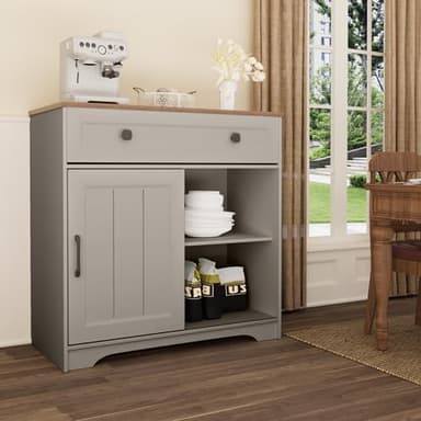 Algglobuy Buffet Cabinet, Coffee Bar Cabinet with a Drawer, Modern Kitchen Storage Cabinet with Adjustable Shelf, Sideboard Storage with Sliding Door, Gray - Image 2