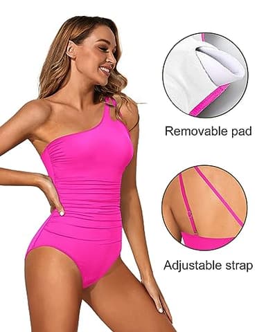 Holipick One Shoulder One Piece Swimsuit for Women Tummy Control Bathing Suits Modest Full Coverage Keyhole Swimwear Hot Pink - Image 2