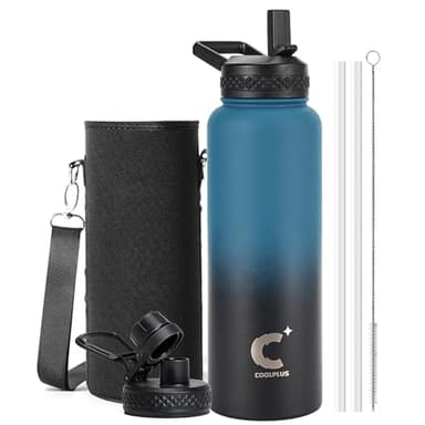 40 oz Water Bottle Insulated, Coolplus Stainless Steel Water Flask With Straw Metal Double-Walled Vacuum With Carry Sleeve Leakproof, Keep Cold 48 Hrs Hot 24hrs, Blue Black - Image 1