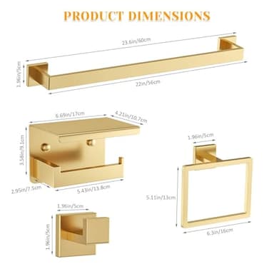 Brushed Gold Towel Bar Set 5 Pieces Bathroom Hardware Accessories Set,Upgraded Toilet Paper Holder with Shelf,Stainless Steel Towel Holder Set for Bathroom,Wall-Mounted 23.6 in - Image 6