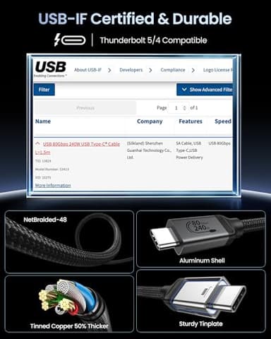 Silkland USB 4 80Gbps for Thunderbolt 5 Cable 5FT, [USB-IF Certified], up to 120Gbps Bandwidth for Dual 8K, 240W, Braided USB C Monitor Cable Compatible for Thunderbolt 4/5, SSD, MacBook M4 Pro, Dock - Image 5