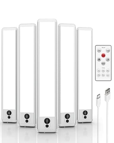 EZVALO Under Cabinet Lights, LED Closet Lights Wireless USB Charging, Motion Sensor Lighting Indoor 5700K Dimmable with Remote Control (White) 5 Pack - Image 1