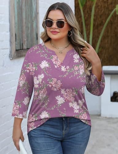 Romanstii Womens Floral Plus Size Shirts 4X 3/4 Sleeve Tops V Neck Summer Tee Loose Spring Blouse Mauve Print 3XL - Image 5