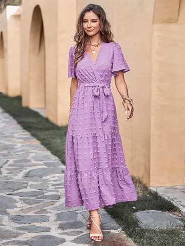 MASCOMODA Womens Swiss Dot Maxi Spring Wedding Guest Dress 2025 Casual Wrap V Neck Flutter Sleeve Long Flowy Party Dresses(Light Purple,X-Large) - Image 3