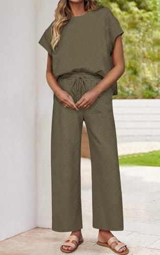 PRETTYGARDEN 2 Piece Outfits For Women Casual Tracksuit Short Sleeve Tops And Wide Leg Long Pants Matching Lounge Sets(Army Green,Large) - Image 4