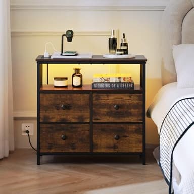 Yoobure Night Stand with Charge Station, Nightstand with 4 Drawers Bedside Table, LED Dresser with Storage Shelf, Night Stands for Bedroom, Side Table 3-Tier Wood End Table for Home Rustic Brown - Image 2