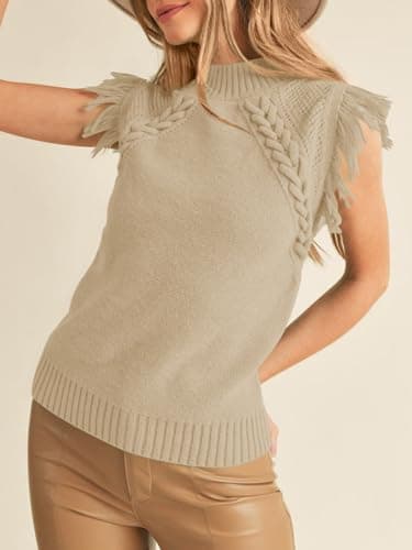 Saodimallsu Womens Sleeveless Sweater Vest Mock Neck Cable Knit Fringe Cap Sleeve Boho Trendy Pullover Tank Tops Khaki - Image 2