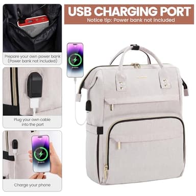 LOVEVOOK Laptop Backpack for Women,15.6 Inch Professional Womens Travel Backpack Purse Computer Laptop Bag Nurse Teacher Backpack,Waterproof College Work Bag Carry on Back Pack with USB Port,Off-white - Image 4