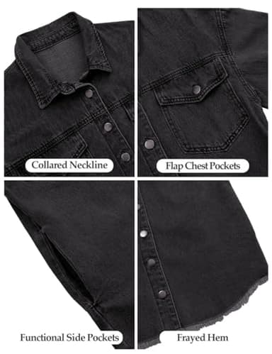 Vetinee Oversized Boyfriend Denim Jean Jacket for Women - Black, Front Button, Raw Hem, Long Sleeve, Pockets - Size 16, 18 - Image 6