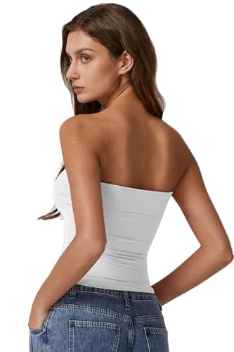 QINSEN Tube Tops for Women Summer Double Lined Going Out Strapless Tank Tops Basic Bandeau Tops White S - Image 2