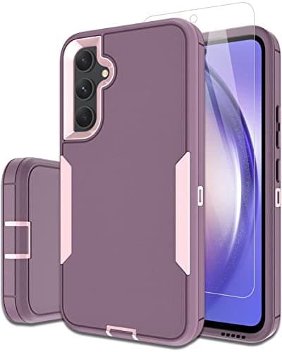 Dahkoiz Samsung Galaxy A54 5G Case, with Glass Screen Protector, Dust-Proof Port Cover, Magnetic Car Mount Support, Full Body Silicone Rubber Protection Phone Case for A54 6.4-Inch, Pink/Purple - Image 1