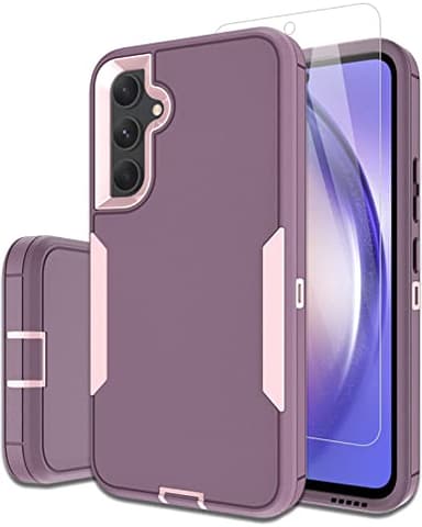 Dahkoiz Samsung Galaxy A54 5G Case, with Glass Screen Protector, Dust-Proof Port Cover, Magnetic Car Mount Support, Full Body Silicone Rubber Protection Phone Case for A54 6.4-Inch, Pink/Purple - Image 1