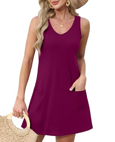OFEEFAN Swimsuit Coverup for Women 2025 Loose V Neck Sleeveless Dress Sundresses with Pockets Plain Burgundy M - Image 2