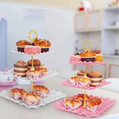 5 Pcs Dessert Table Display Set - 2 Pcs 3-Tier Dessert Display Stands & 3 Pcs Serving Tray - Dessert Trays Dessert Stands Treat Table Displays Set for Tea Parties,Birthdays & Baby Showers - Image 2
