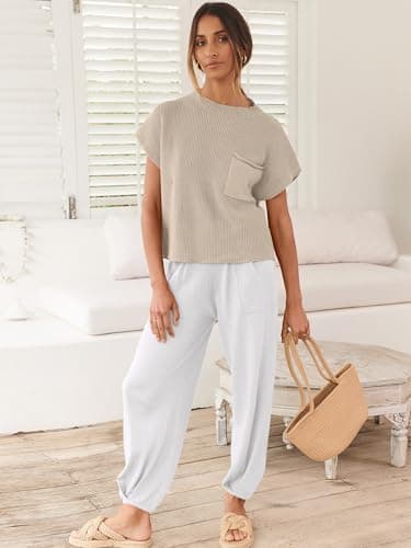ANRABESS Women's Two Piece Outfits Knit Sweater Vest Crop Top Pants Lounge Matching Tracksuit Sweatsuit Travel Clothes Sets Khaki White Medium - Image 7