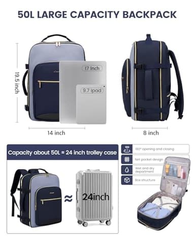 LOVEVOOK 50L Travel Backpack for Women & Men, Airline Approved Carry On Luggage with 3 Packing Cubes, TSA Overnight Bags, Waterproof Personal Item Bag, Weekender Essentials Backpacks fits 17" Laptop - Image 3