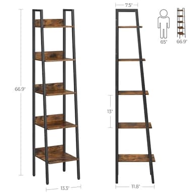 VASAGLE Bookshelf, 5-Tier Narrow Book Shelf, 11.8 x 13.3 x 66.9 Inches, Ladder Shelf for Home Office, Living Room, Bedroom, Kitchen, Rustic Brown and Ink Black ULLS109B01 - Image 3