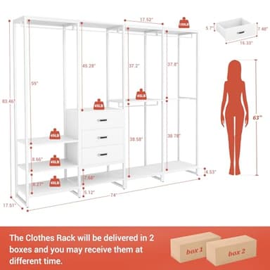 Aheaplus Wood Clothes Rack Wardrobe Closets for Hanging Clothes Heavy Duty Garment Rack, Large Corner L Shaped Closet System Organizer Walk-in Closet for Bedroom with 3 Wood Drawers, Pure White - Image 7