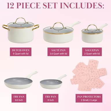 Paris Hilton Epic Nonstick Pots and Pans Set, Multi-layer Nonstick Coating, Tempered Glass Lids, Soft Touch, Stay Cool Handles, Made without PFOA, Dishwasher Safe Cookware Set, 12-Piece, Cream - Image 4