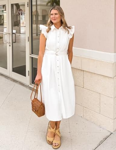 ZESICA Women's 2025 Summer Boho Button Midi Dresses Casual V Neck Flutter Sleeve Belted Long Dresses with Pockets,White,Large - Image 5