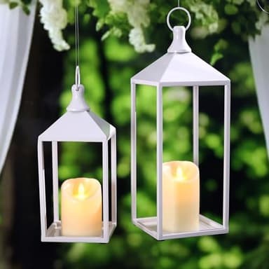 MATAHUM 2pcs Wedding Lanterns Decorative with LED Flameless Candle - White Vintage Farmhouse Metal Decorative Candle Lanterns for Wedding, Fireplace, Table Centerpiece, Indoor, Room, Valentine Decor - Image 8