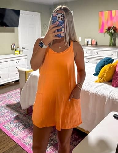 GTLIAE Summer Dress for Women 2025 Hot Shot Mini Romper Dresses Athletic Spaghetti Strap Tennis Dress Built in Shorts (Orange-L) - Image 5