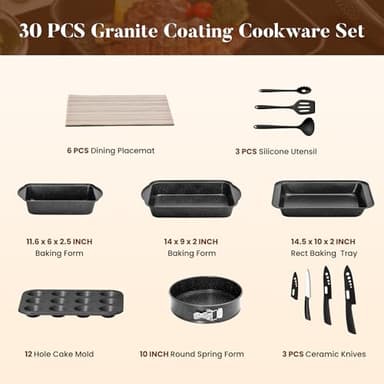 Kitchen Induction Cookware & Bakeware Set - 30 Piece Black Granite Cooking Pans Set, Non-Stick Pots and Pans Set - Image 8