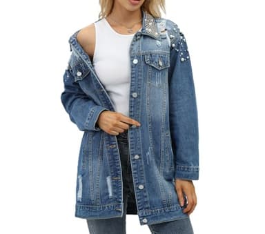 YPCT Women's Pearl Beaded Long Plus Size Distressed Ripped Denim Button Down Trench Coat and Diamonds Bling Oversize Boyfriend Casual Jean Jacket with Pockets X-Large 9329 Blue XL - Image 4