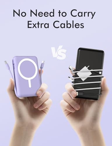 podoru for Magsafe Battery Pack, 10000mAh Magnetic Power Bank Built-in Double USB-C Cables 22.5W PD Fast Charging LED Display Wireless Portable Charger for iPhone 16/15/14/13/12/ All Series-Purple - Image 4