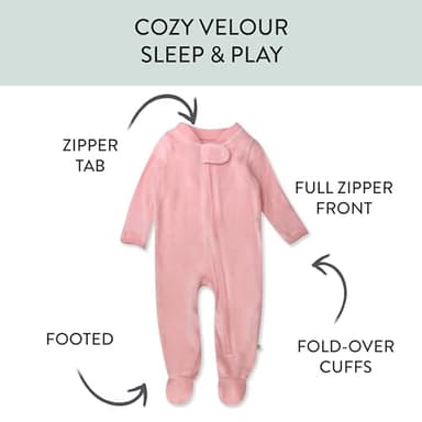 HonestBaby Sleep and Play Footed Pajamas One-Piece Sleeper Jumpsuit Zip-Front Pjs 100% Organic Cotton for Baby Girls, Pink (Velour), Newborn - Image 2