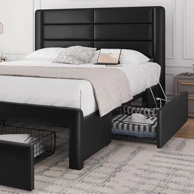Yaheetech Queen Size Bed Frame with Headboard/2 USB Charging Station/Port for Type A&Type C/3 Storage Drawers/Solid Wood Slat Support/No Box Spring Needed/Black - Image 3