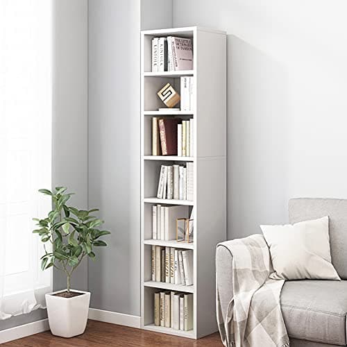 IOTXY Small Narrow Corner Bookcase - 59 Inches Tall Gap Freestanding Storage Cabinet, 7 Lattices Open Shelves Tower Rack, Cubes Bookshelf in White - Image 1