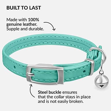 CollarDirect Leather Cat Collar with Bell - Kitten Collar, Small and Big Cat Collar for Boy Cats, Girl Cats with Safety Elastic Strap (Neck Fit 8"-11", Mint Green) - Image 2