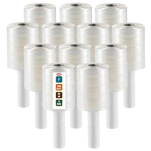 12 Pack Industrial Strength Mini Hand Stretch Wrap 5" 1000 Ft Roll 80 Gauge Thick, Shrink Wrap Roll for Moving Supplies, Furniture, Pallets, Plastic Wrap for Packing, Heavy Duty Stretch Film - Image 1