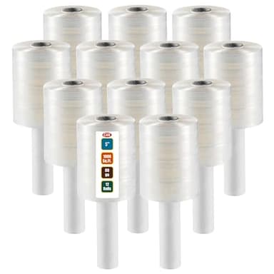 12 Pack Industrial Strength Mini Hand Stretch Wrap 5" 1000 Ft Roll 80 Gauge Thick, Shrink Wrap Roll for Moving Supplies, Furniture, Pallets, Plastic Wrap for Packing, Heavy Duty Stretch Film - Image 1